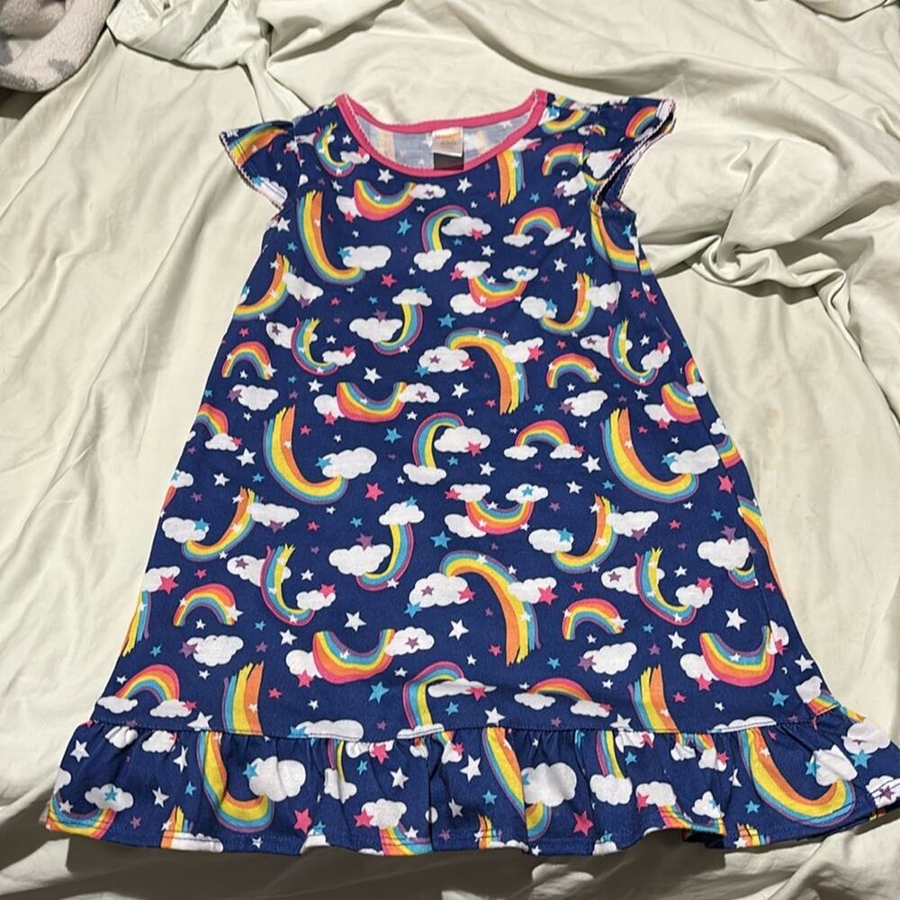 Gymboree S 5/6 blue rainbows nightgown flutter sleeve a line style euc